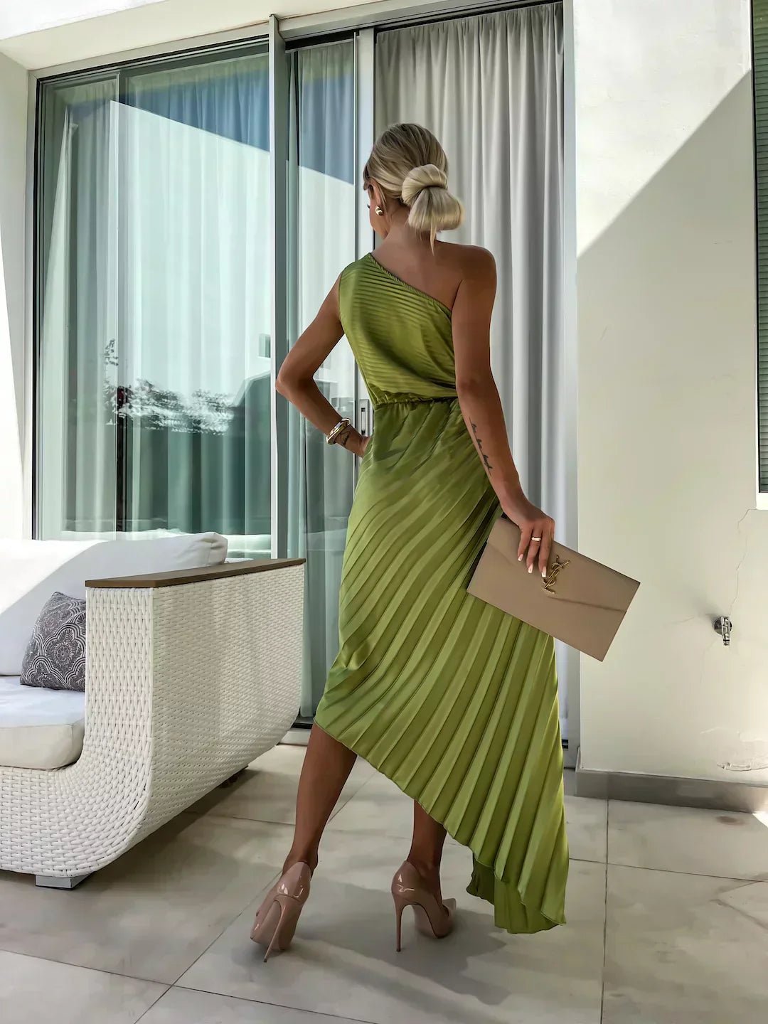Women's One-Shoulder Pleated Midi Dress Rosette Detail