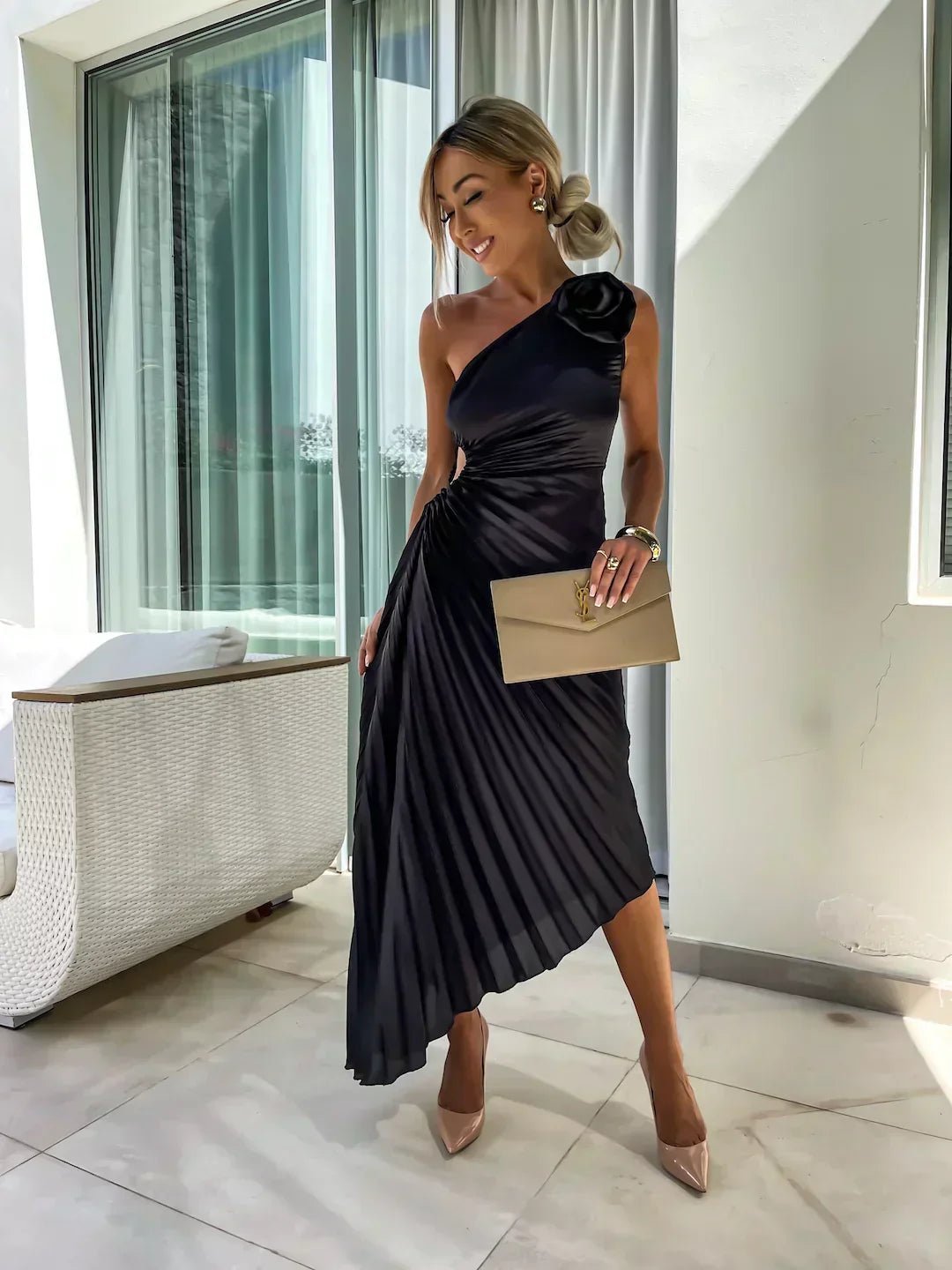 Women's One-Shoulder Pleated Midi Dress Rosette Detail - Black