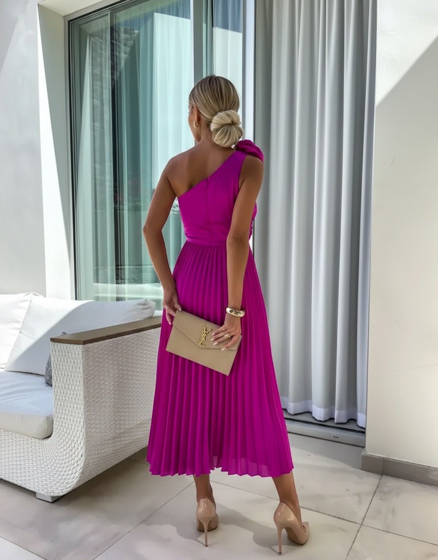 Women's One-Shoulder Pleated Midi Dress Rosette Detail