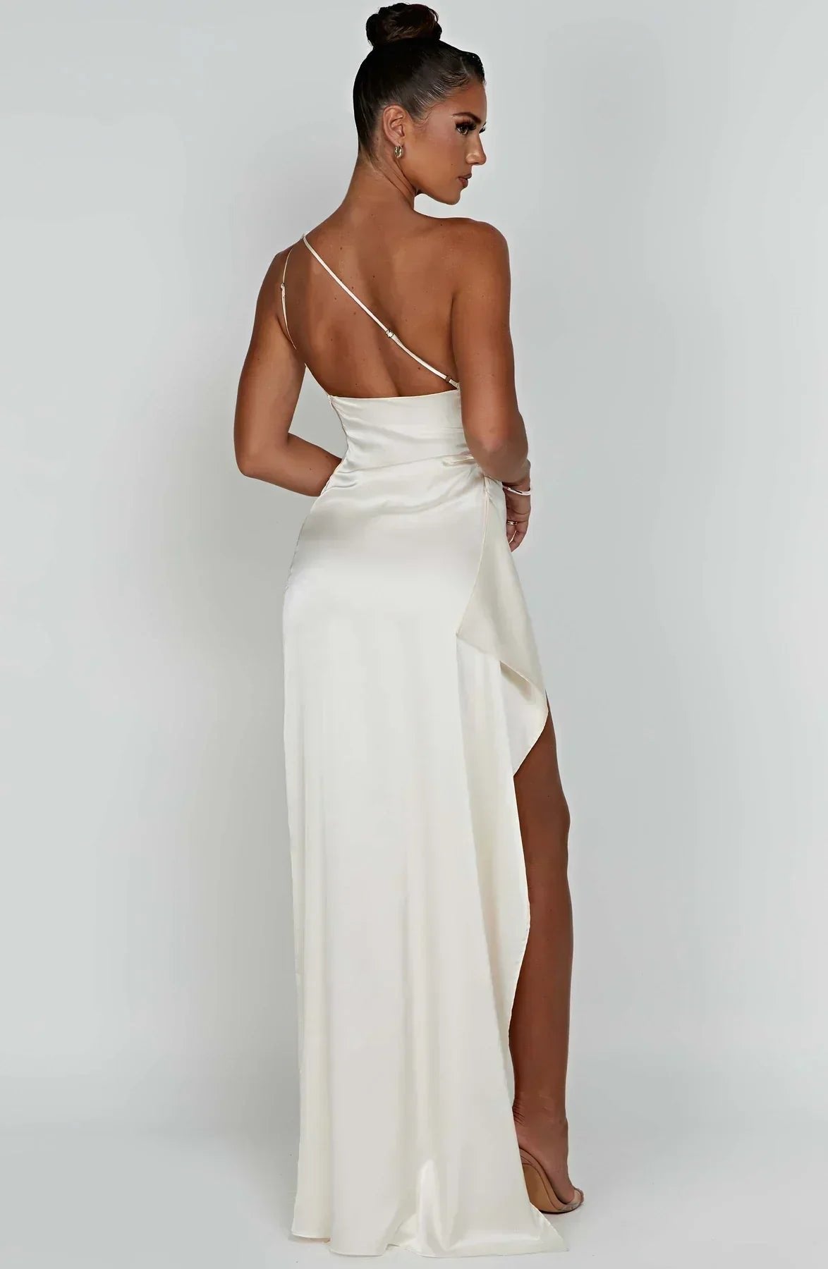 Women's One-Shoulder Satin Maxi Dress High-Slit Formal Evening Gown