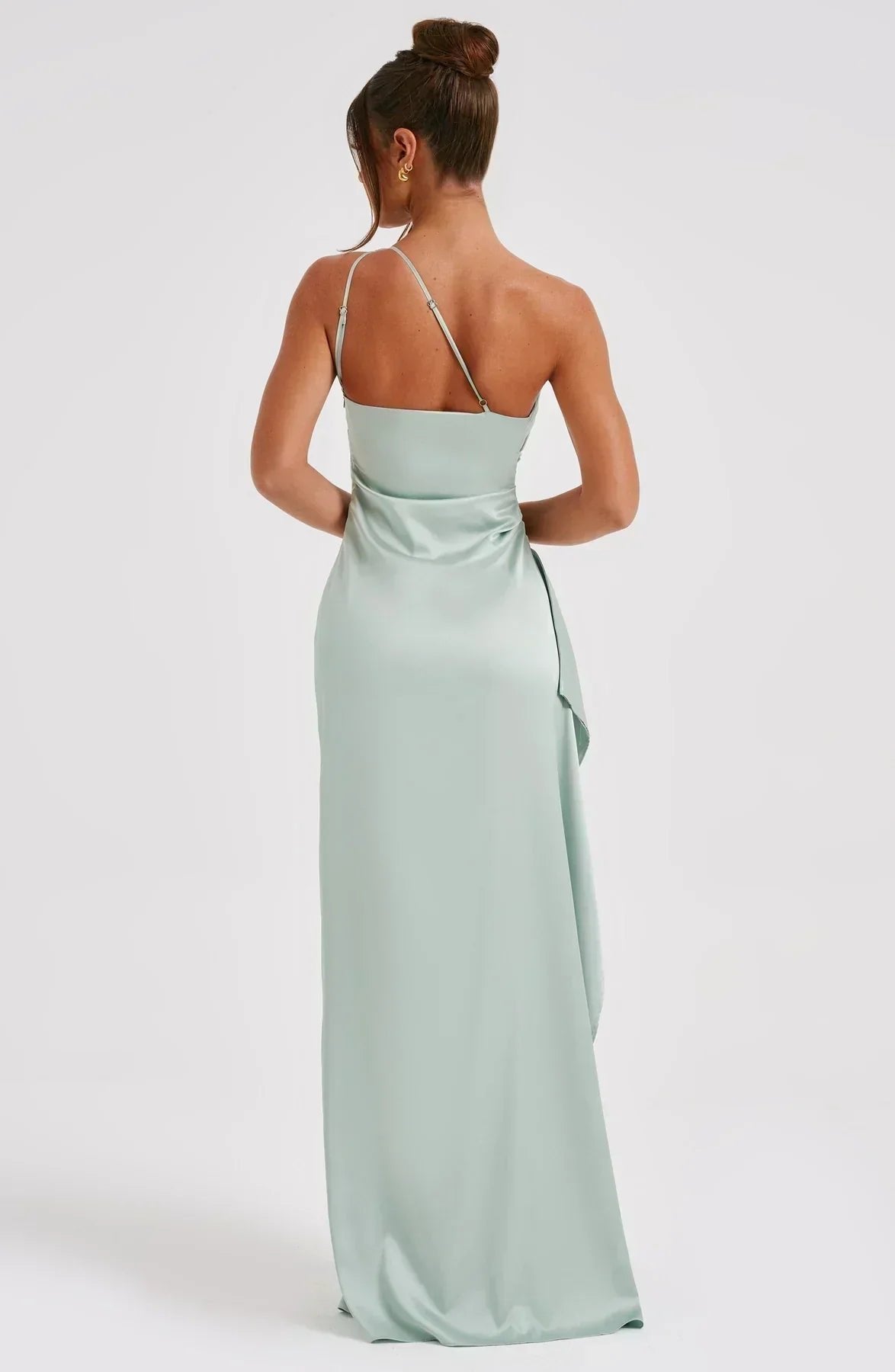 Women's One-Shoulder Satin Maxi Dress High-Slit Formal Evening Gown