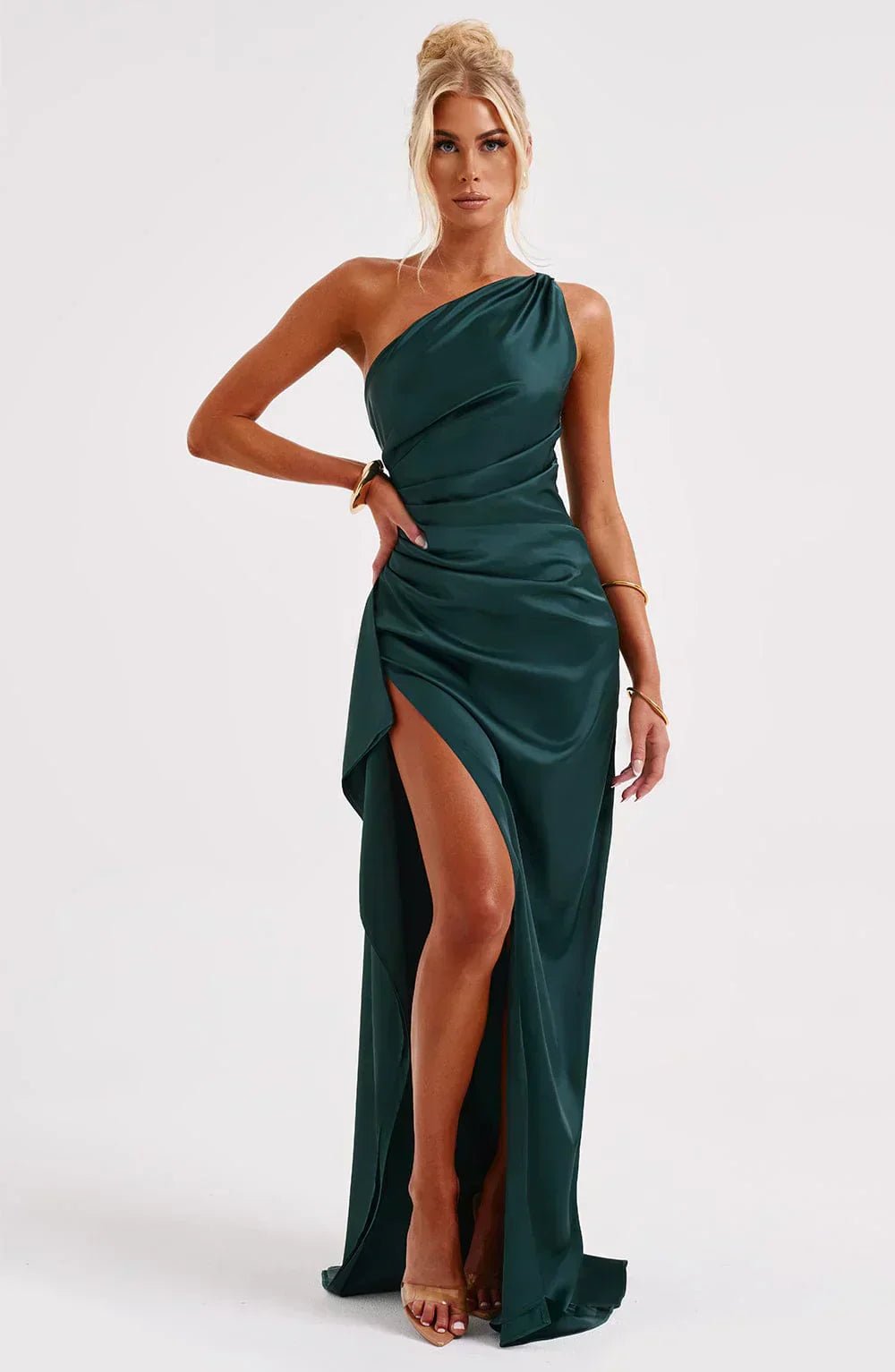 Women's One-Shoulder Satin Maxi Dress High-Slit Formal Evening Gown - Dark Teal Green
