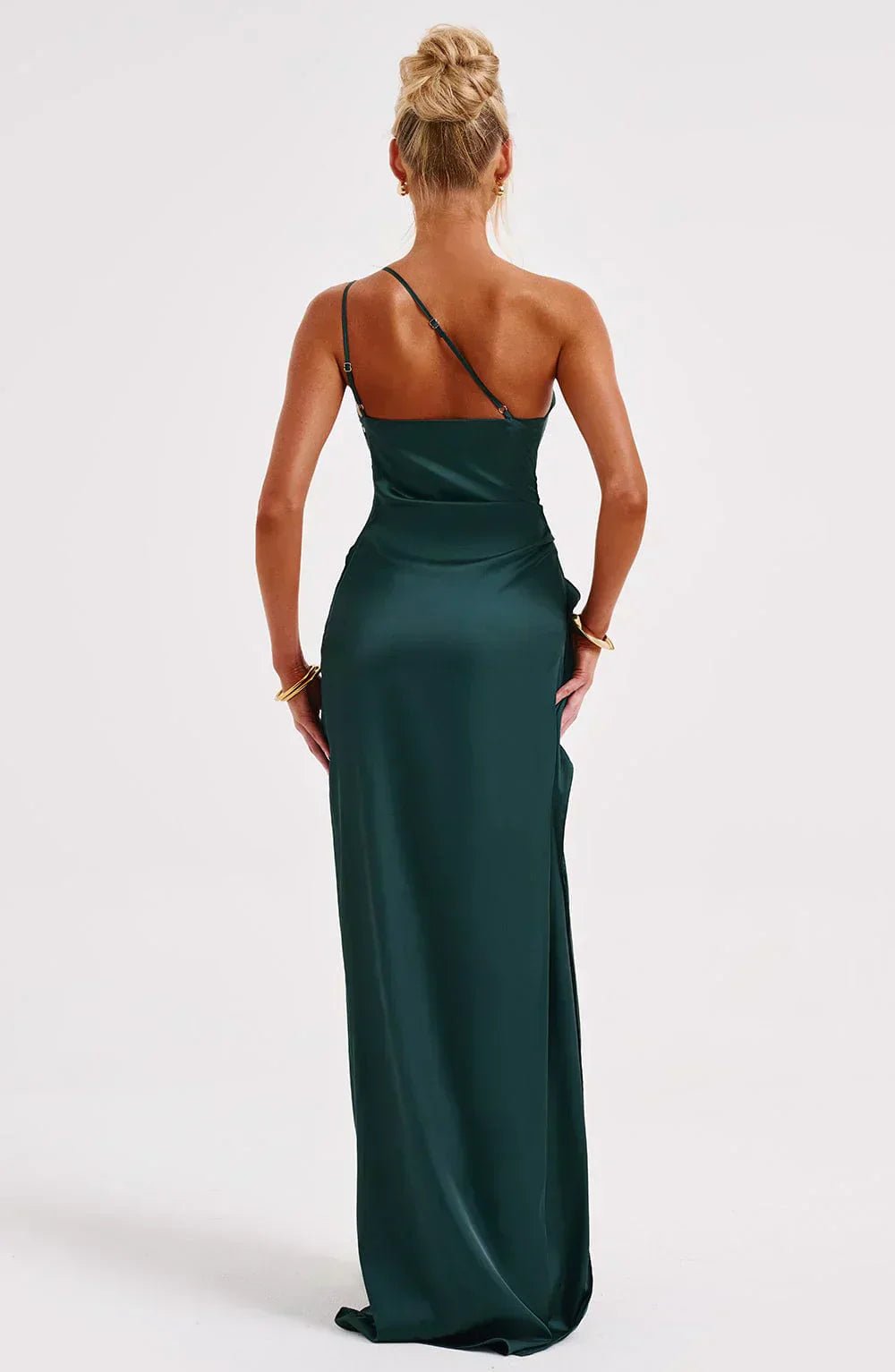Women's One-Shoulder Satin Maxi Dress High-Slit Formal Evening Gown