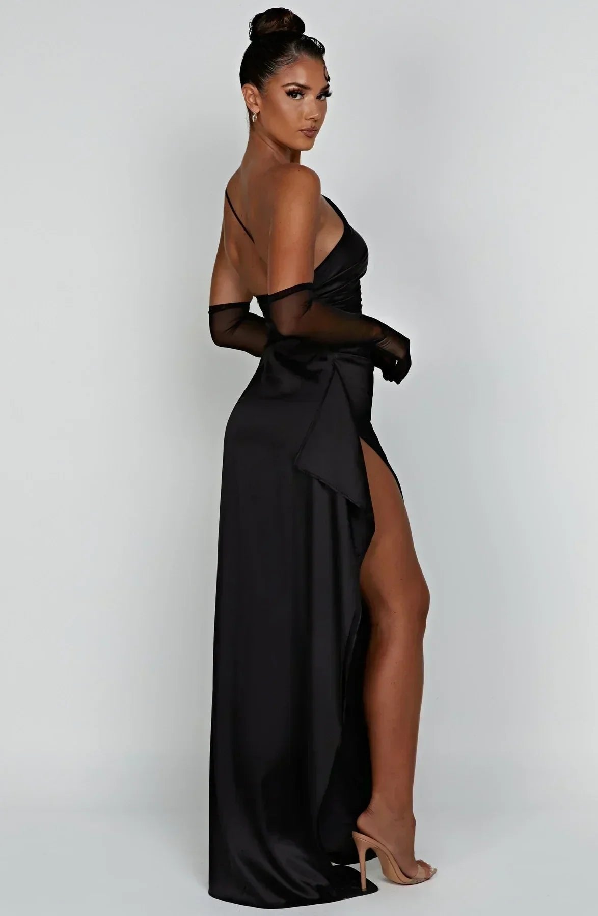 Women's One-Shoulder Satin Maxi Dress High-Slit Formal Evening Gown