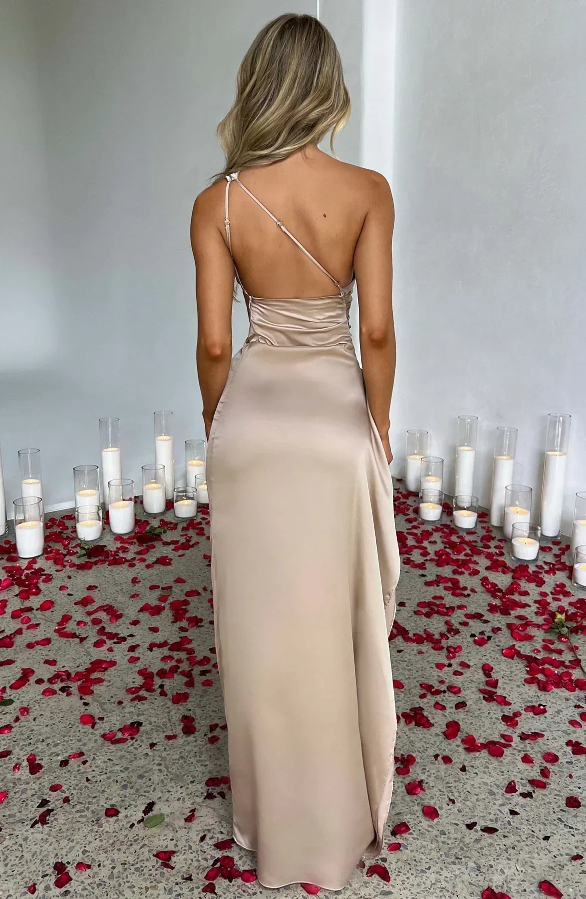 Women's One-Shoulder Satin Maxi Dress High-Slit Formal Evening Gown