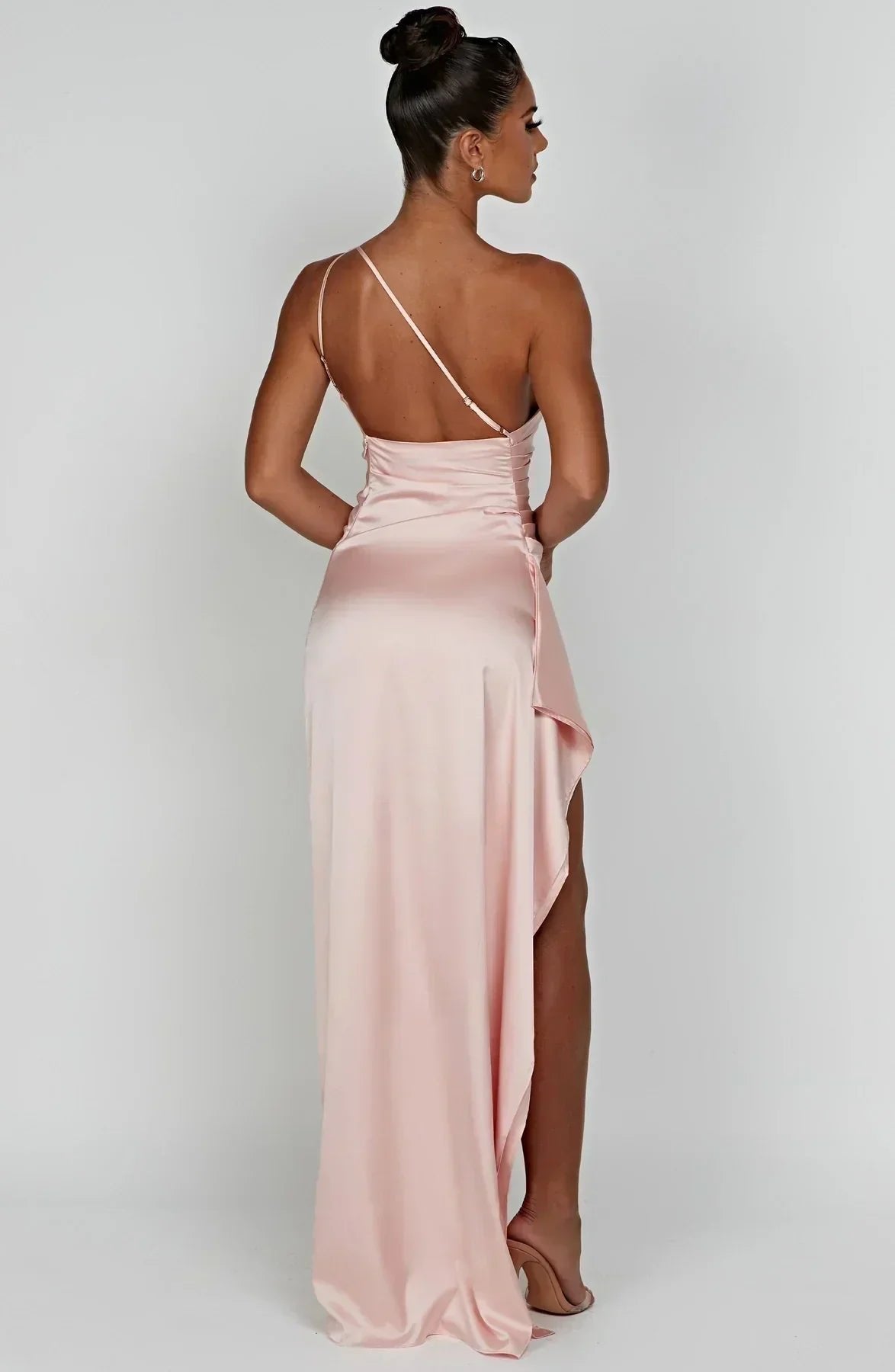 Women's One-Shoulder Satin Maxi Dress High-Slit Formal Evening Gown