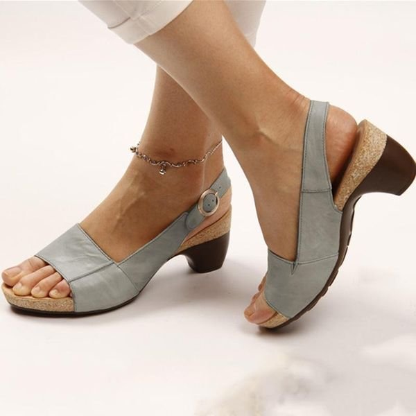 Women's Open-Toe Block Heel Slingback Sandals Adjustable Buckle - Gray