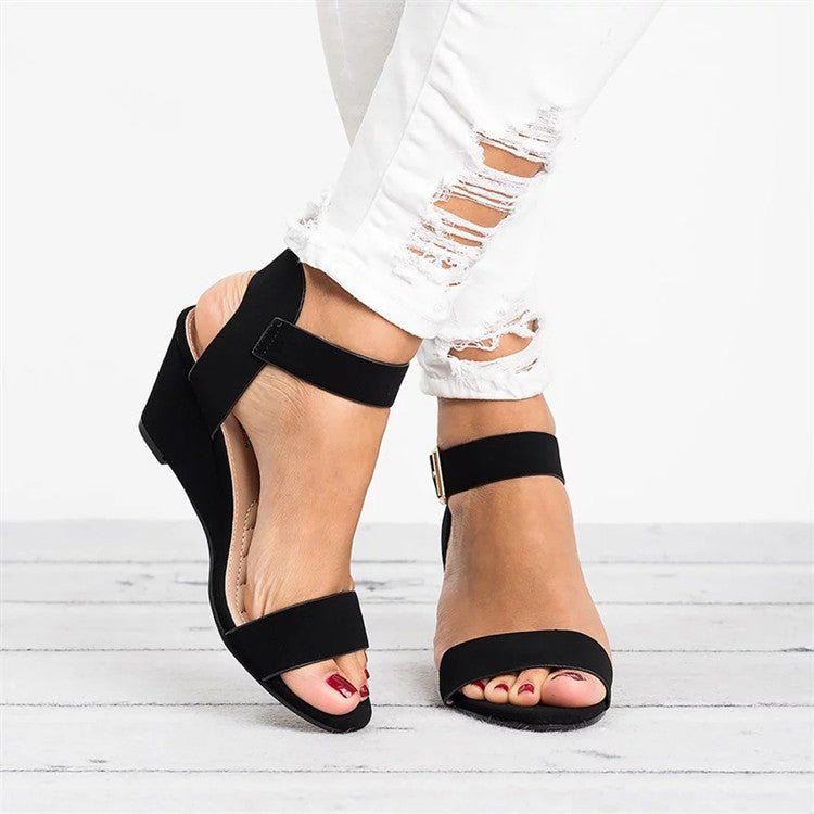 Women's Open-Toe Wedge Ankle-Strap Buckle Sandals - Black