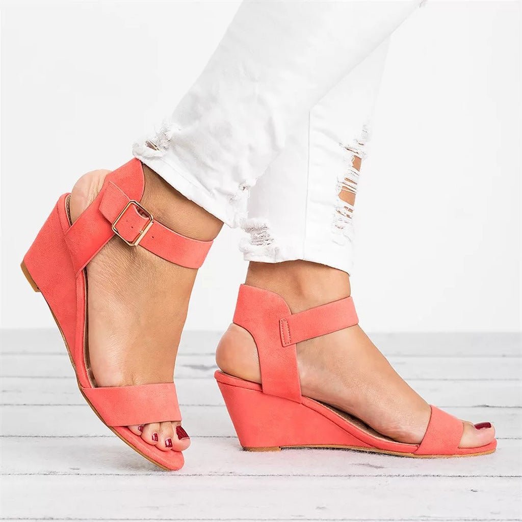Women's Open-Toe Wedge Ankle-Strap Buckle Sandals - Light Red