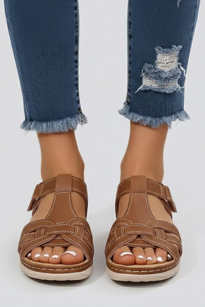 Women's Open-Toe Woven-Strap Flat Sandals Velcro Closure - Brown