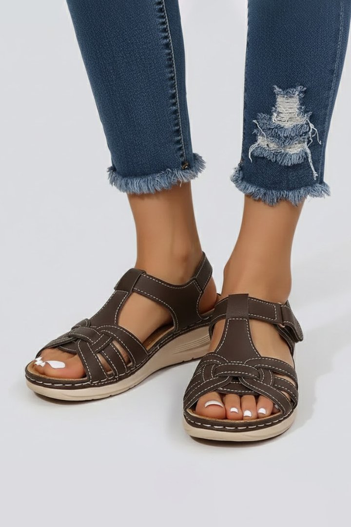 Women's Open-Toe Woven-Strap Flat Sandals Velcro Closure - Dark Brown
