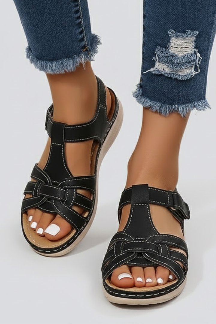 Women's Open-Toe Woven-Strap Flat Sandals Velcro Closure - Black