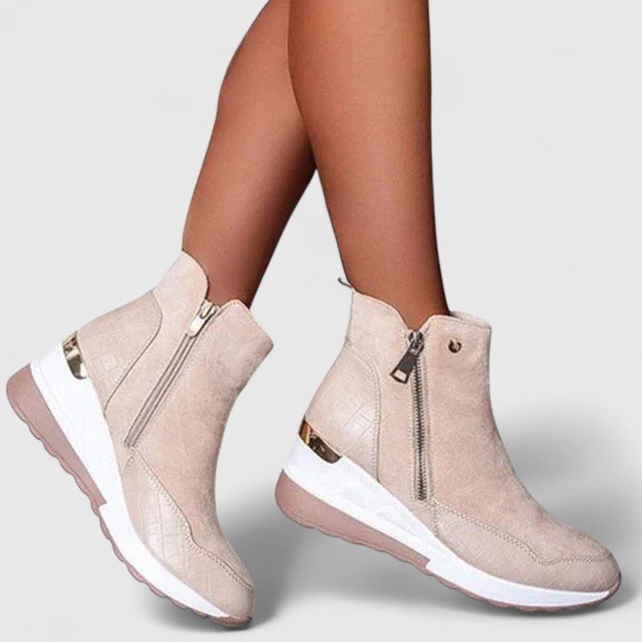 Women's Orthopedic Arch-Support Wedge Ankle Boots Zipper - Beige