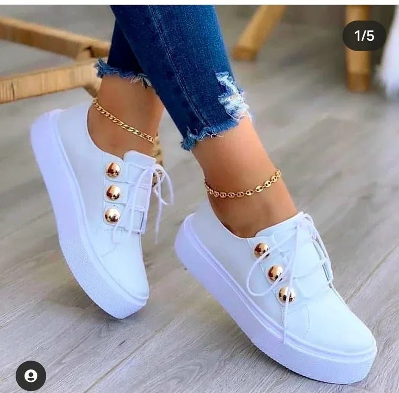 Women's Orthopedic Round-Toe Gold-Stud Platform Sneakers - White (Almost sold out!)