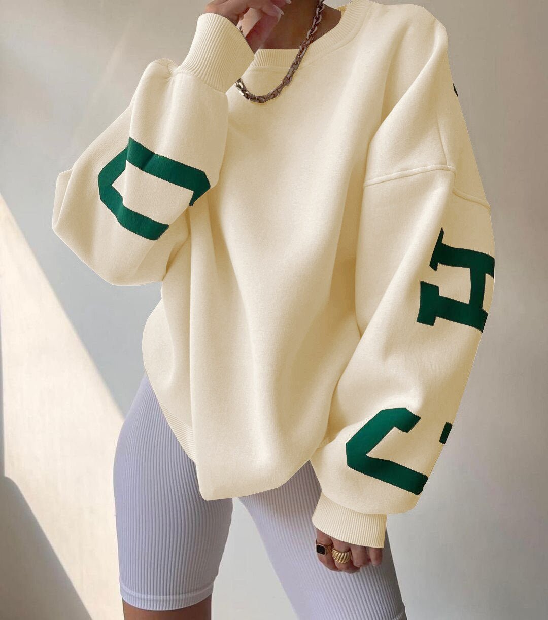 Women's Oversized Fleece-Lined Varsity Graphic Crewneck Sweatshirt - Cream