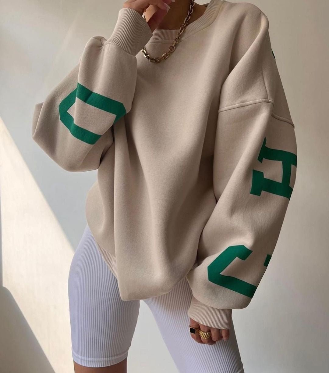 Women's Oversized Fleece-Lined Varsity Graphic Crewneck Sweatshirt - Khaki