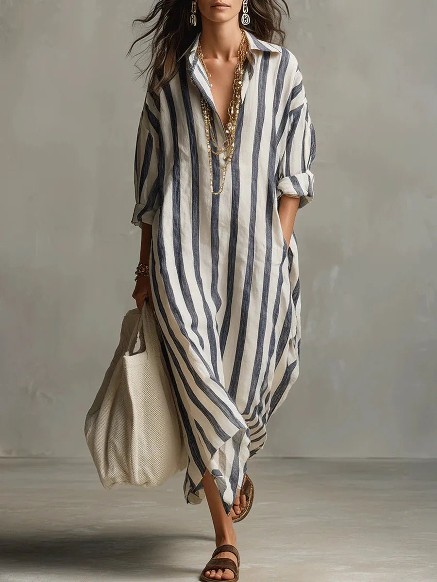 Women's Oversized Linen Striped Shirt Maxi Dress - Blue