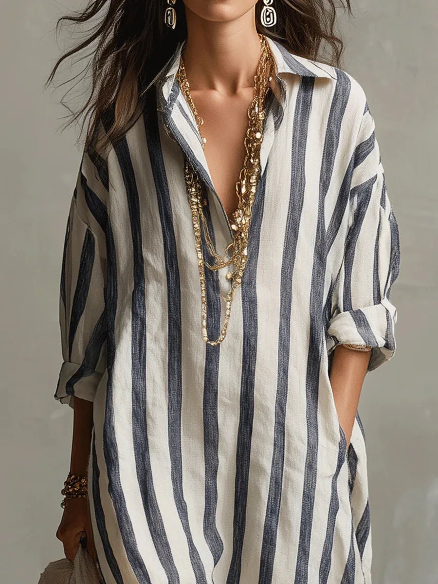 Women's Oversized Linen Striped Shirt Maxi Dress