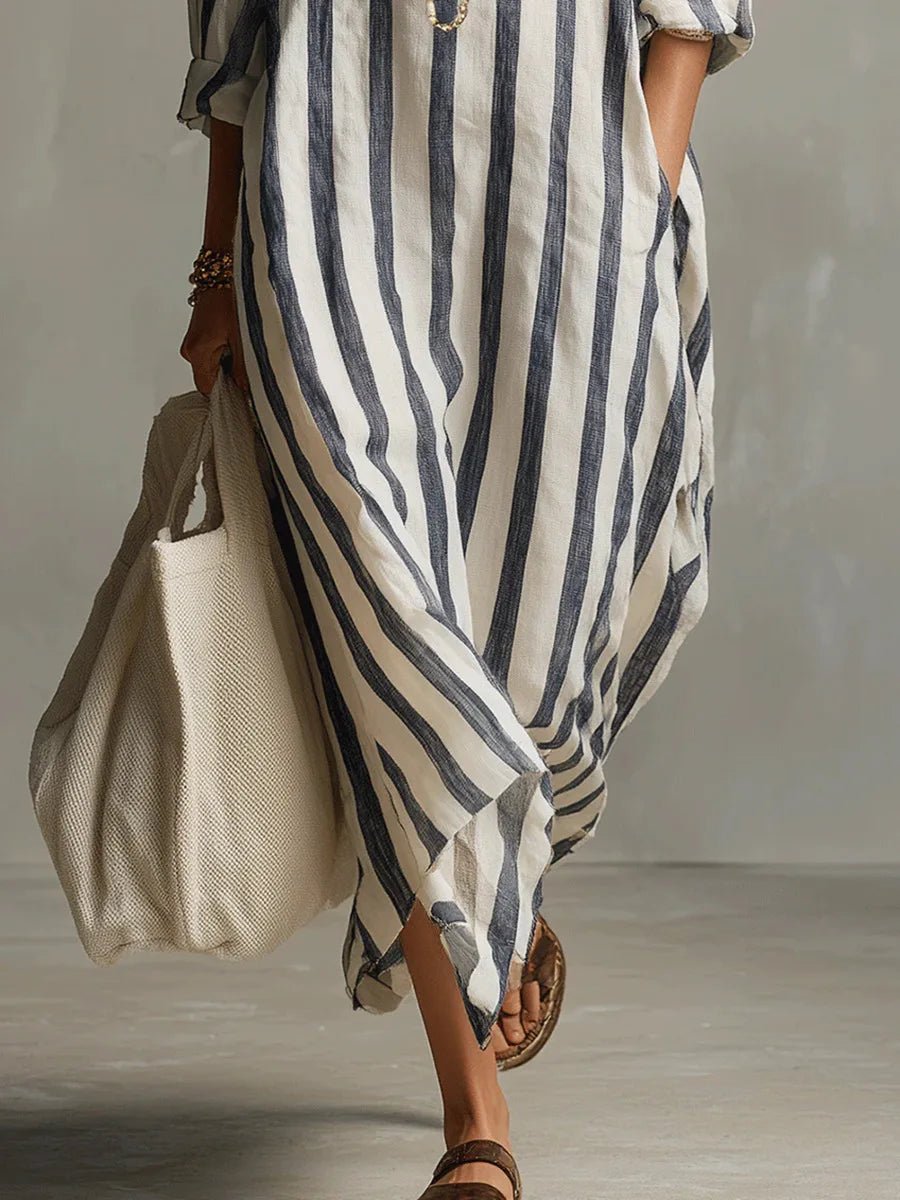 Women's Oversized Linen Striped Shirt Maxi Dress