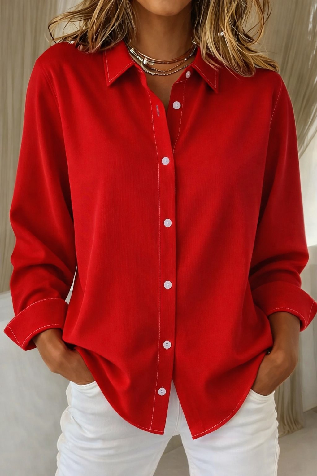 Women's Oversized Long-Sleeve Button-Down Collared Blouse - Red