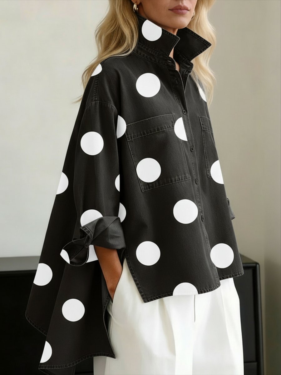 Women's Oversized Polka Dot Denim Button-Down Shirt - Black