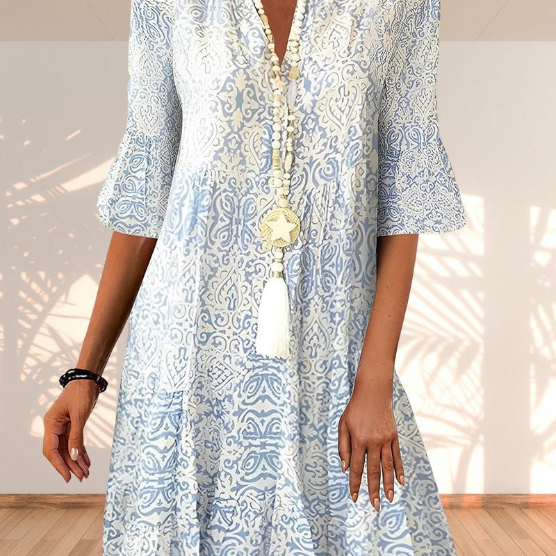 Women's Paisley Print V-Neck 3/4 Bell-Sleeve Relaxed-Fit Dress - Blue