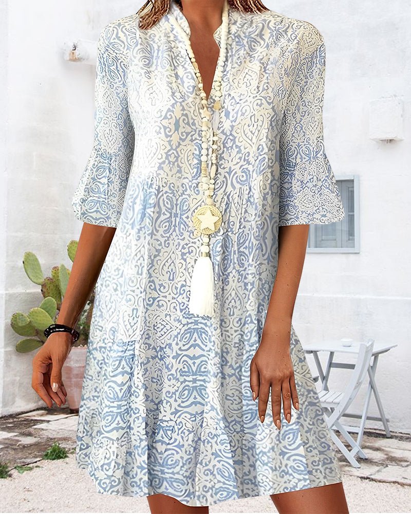 Women's Paisley Print V-Neck 3/4 Bell-Sleeve Relaxed-Fit Dress