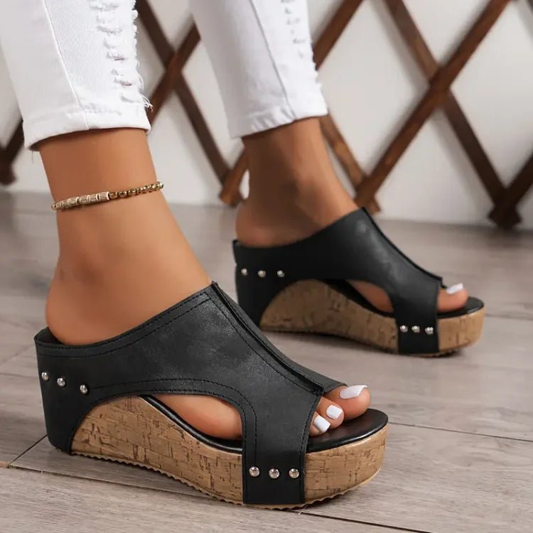 Women's Peep-Toe Cork Wedge Slip-On Sandals - Black