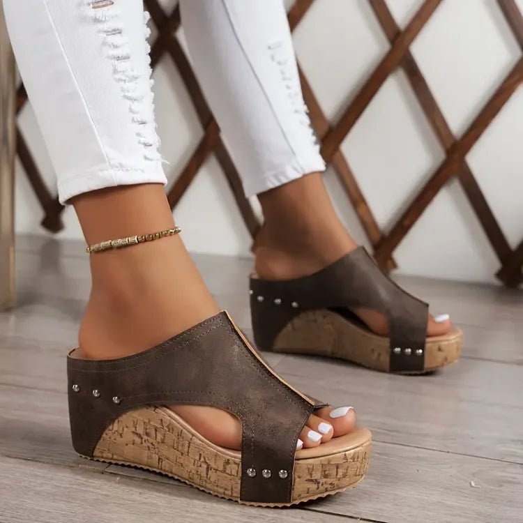 Women's Peep-Toe Cork Wedge Slip-On Sandals - Brown