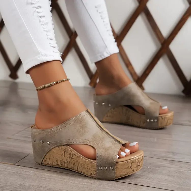 Women's Peep-Toe Cork Wedge Slip-On Sandals - Beige