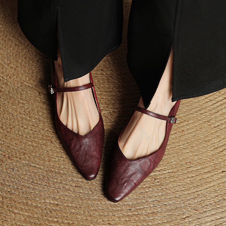 Women's Pointed-Toe Leather Mary Jane Buckle Strap Flat Mules