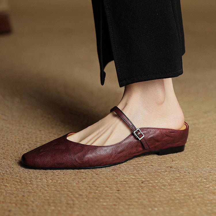 Women's Pointed-Toe Leather Mary Jane Buckle Strap Flat Mules
