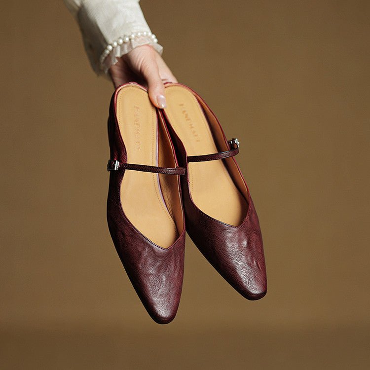 Women's Pointed-Toe Leather Mary Jane Buckle Strap Flat Mules
