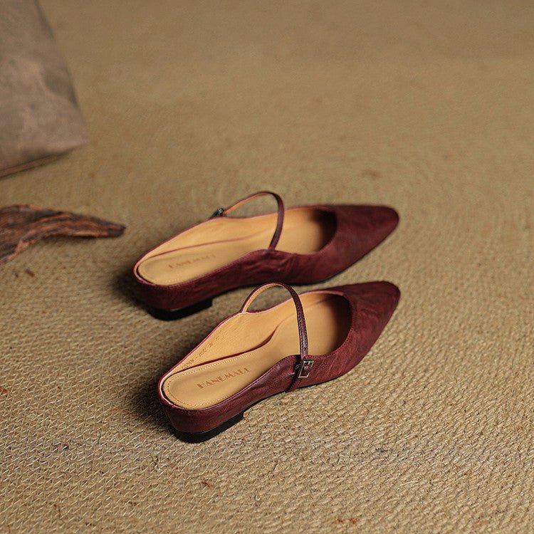 Women's Pointed-Toe Leather Mary Jane Buckle Strap Flat Mules