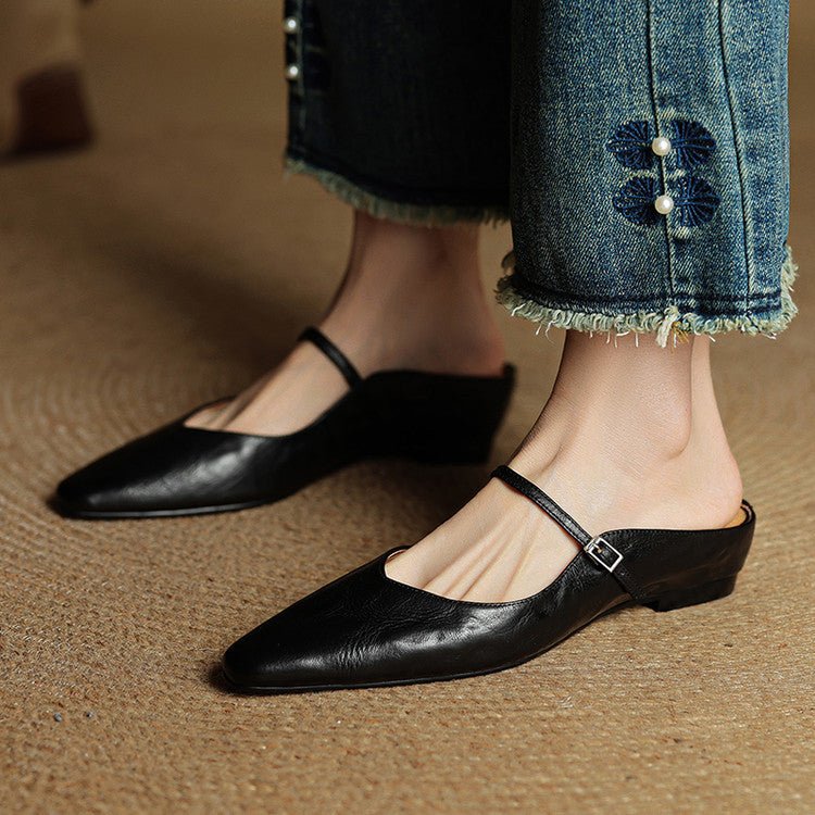 Women's Pointed-Toe Leather Mary Jane Buckle Strap Flat Mules