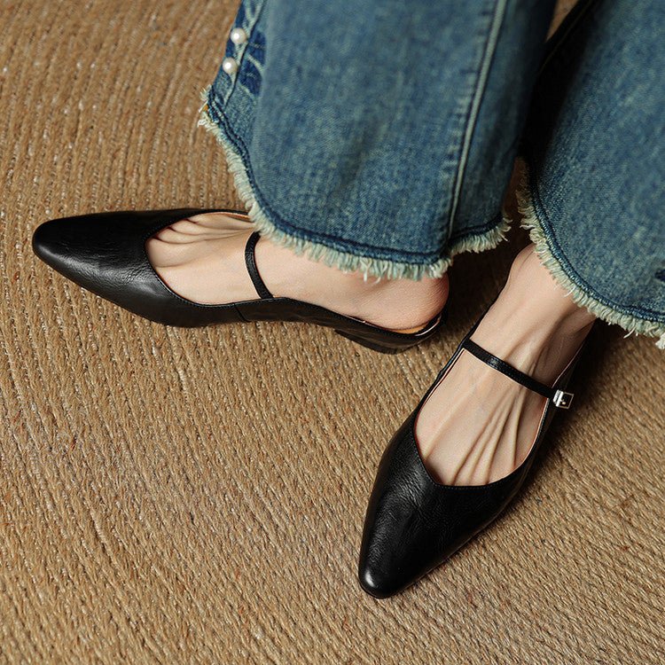 Women's Pointed-Toe Leather Mary Jane Buckle Strap Flat Mules