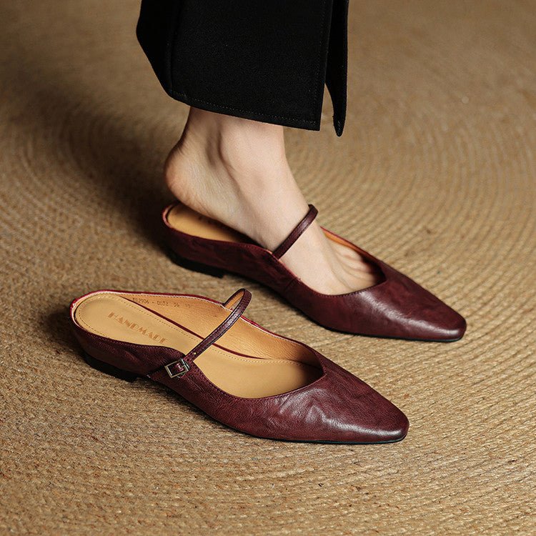 Women's Pointed-Toe Leather Mary Jane Buckle Strap Flat Mules - Braun