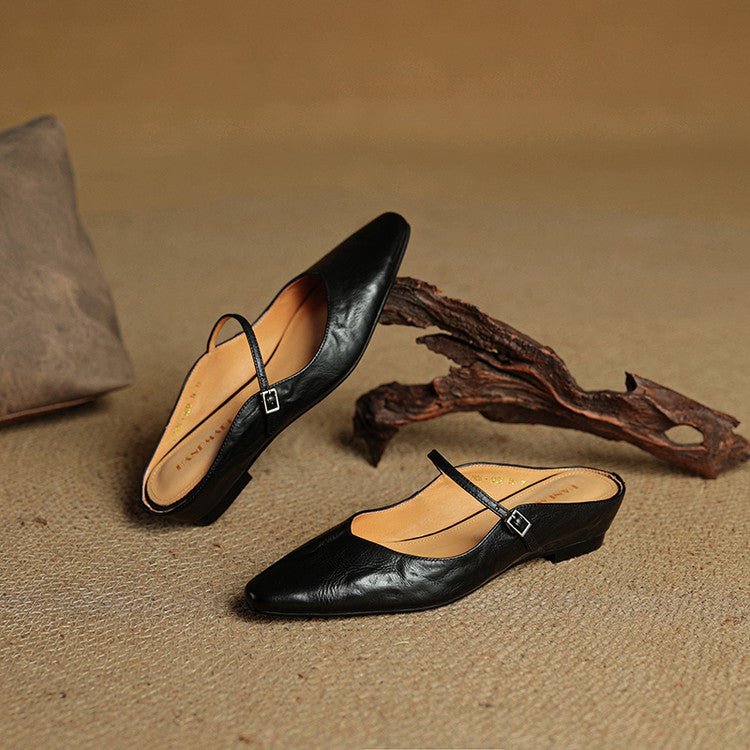Women's Pointed-Toe Leather Mary Jane Buckle Strap Flat Mules
