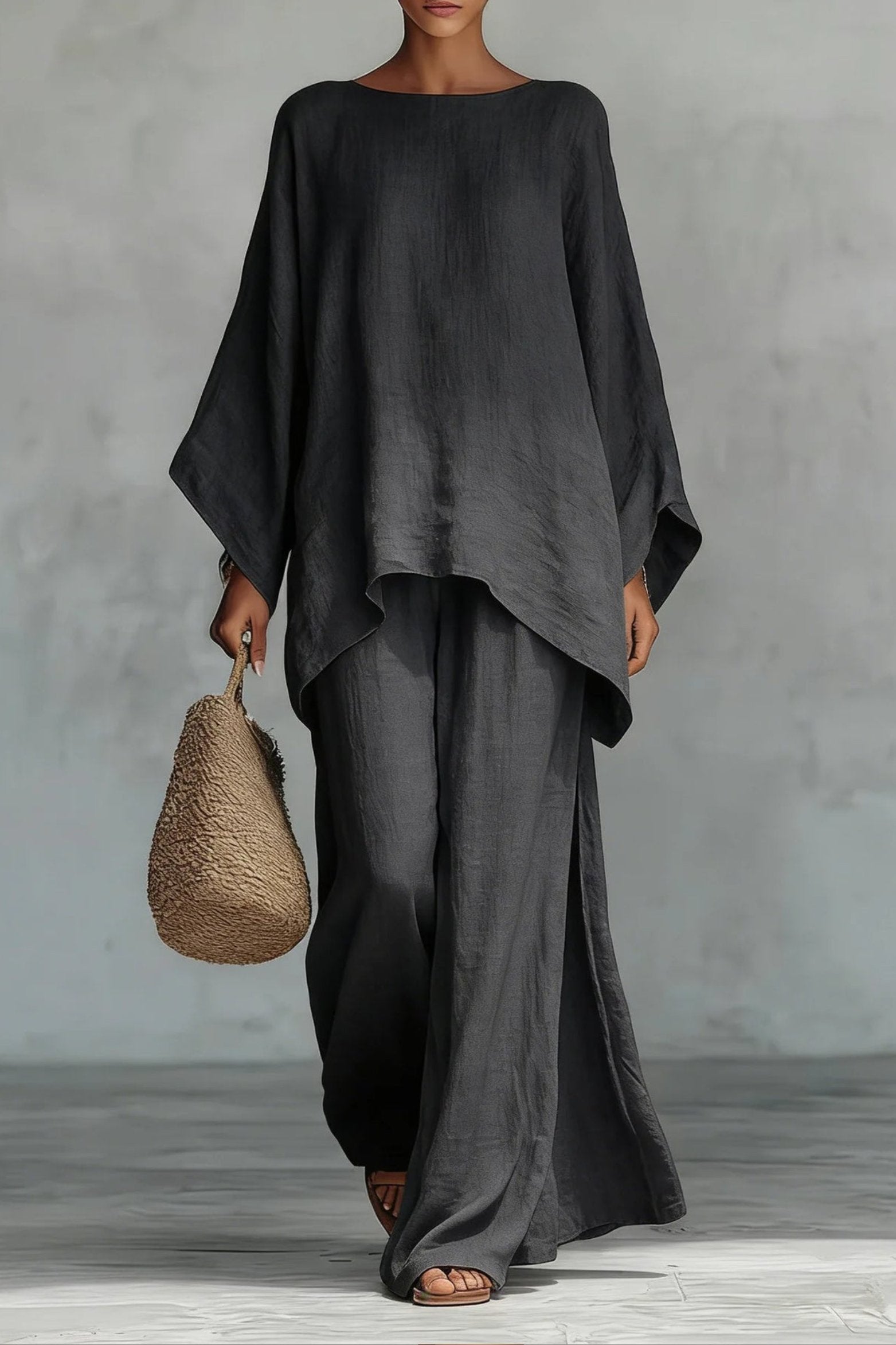 Women's Relaxed Batwing-Sleeve Linen-Blend Wide-Leg Two-Piece Set - Dark Grey