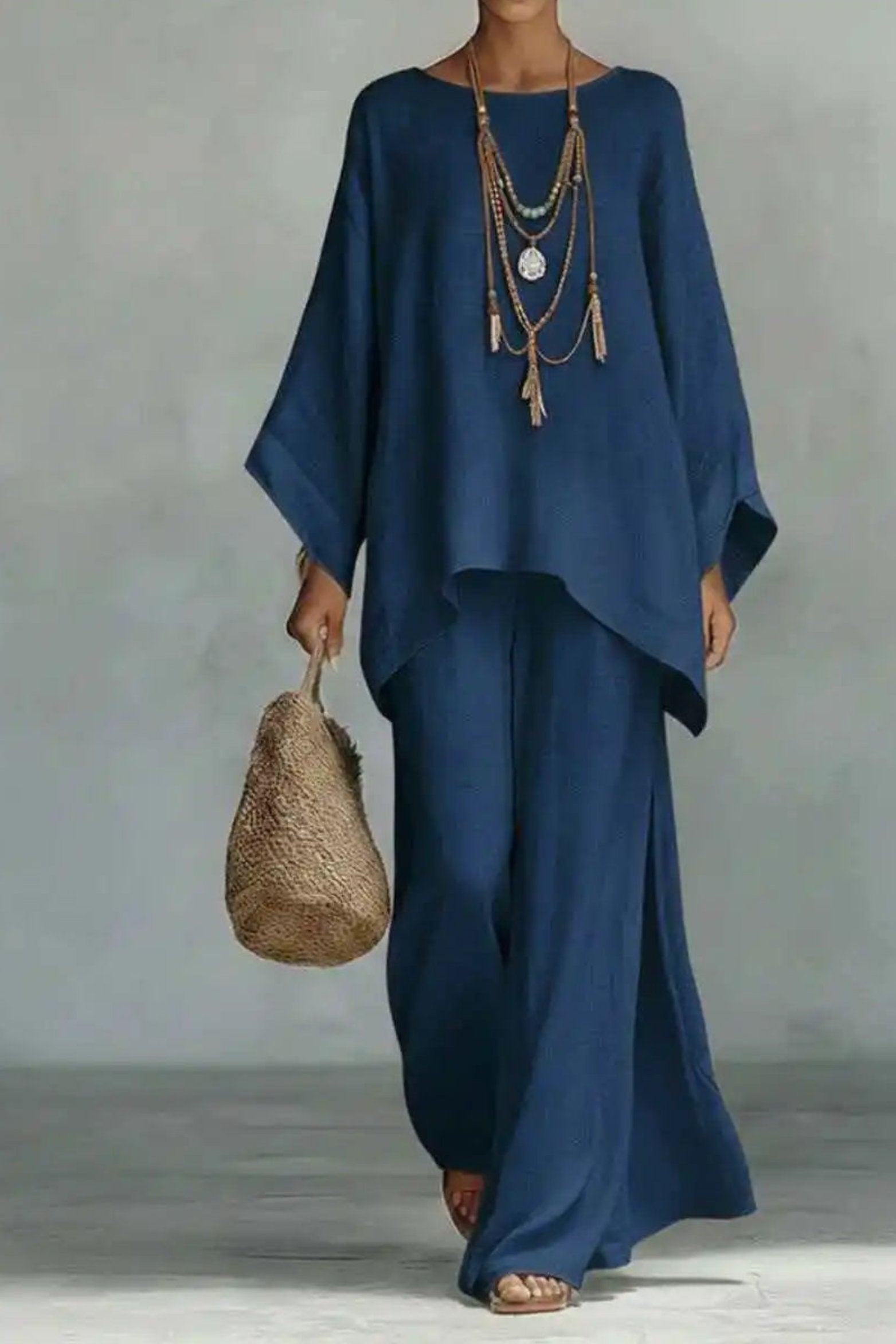 Women's Relaxed Batwing-Sleeve Linen-Blend Wide-Leg Two-Piece Set - Navy