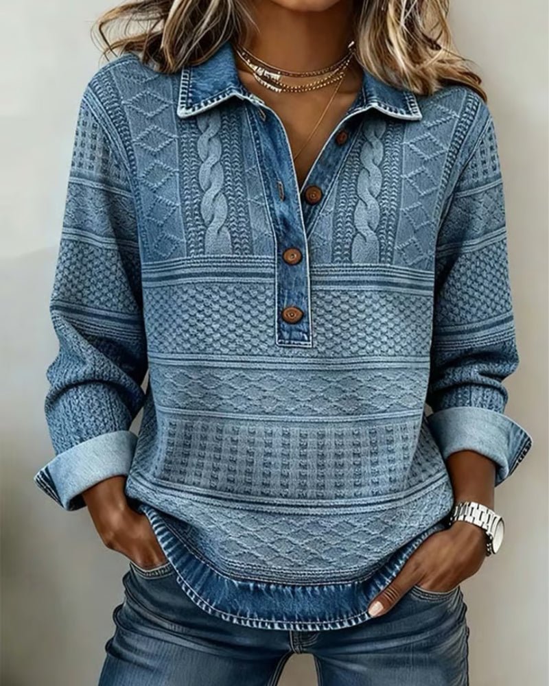 Women's Relaxed-Fit Cable-Knit Half-Button Collar Sweatshirt - Blue