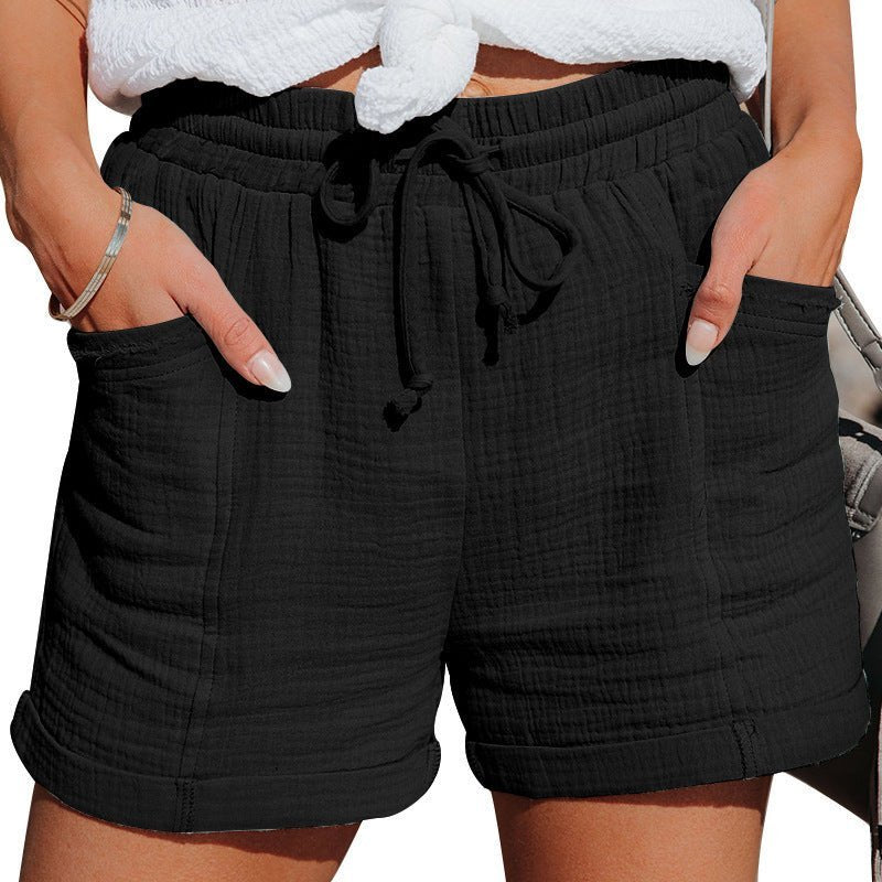 Women's Relaxed-Fit Drawstring-Waist Linen-Texture Shorts - Black