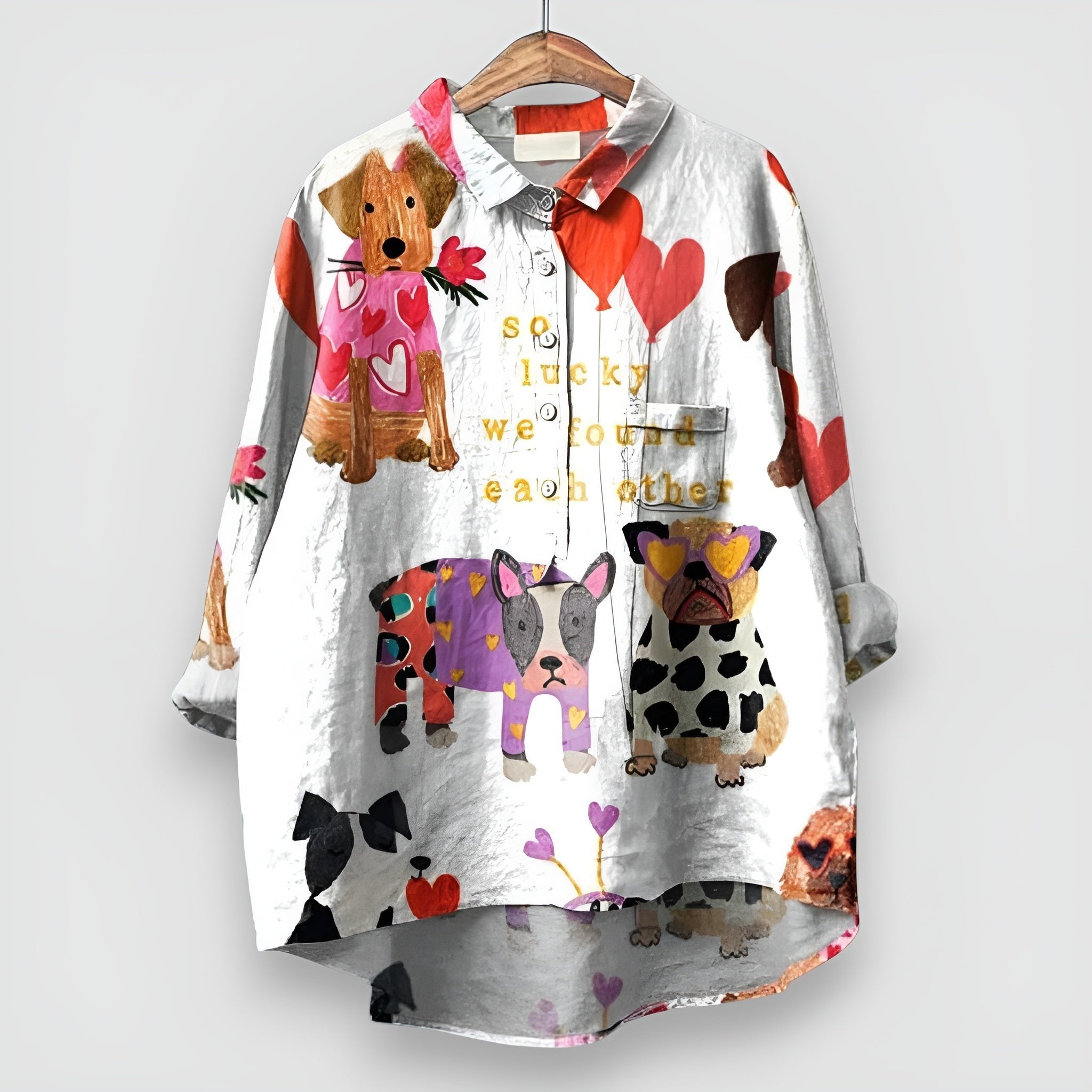 Women's Relaxed-Fit Long-Sleeve Dog Print Button-Down Shirt - White 2