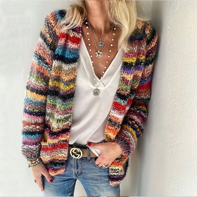 Women's Relaxed-Fit Multicolor Striped Open-Front Knit Cardigan - Red