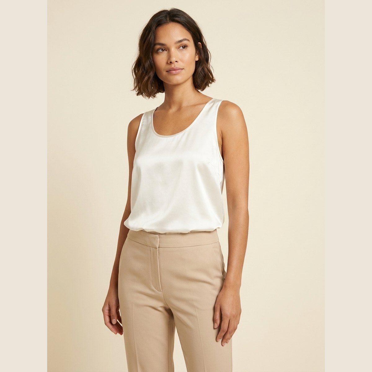 Women's Relaxed-Fit Satin Tank Top Scoop Neck - White
