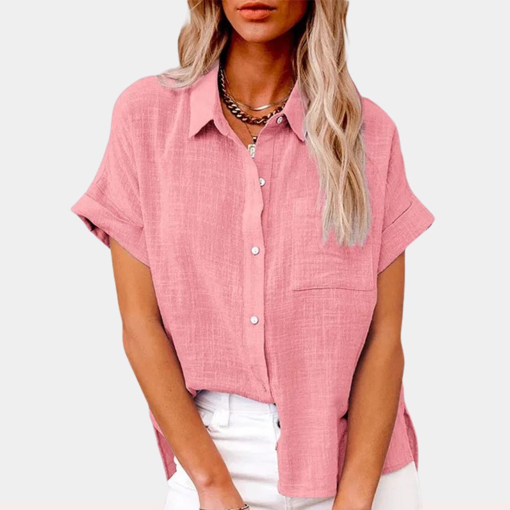 Women's Relaxed-Fit Short-Sleeve Button-Down Shirt Chest Pocket - Pink