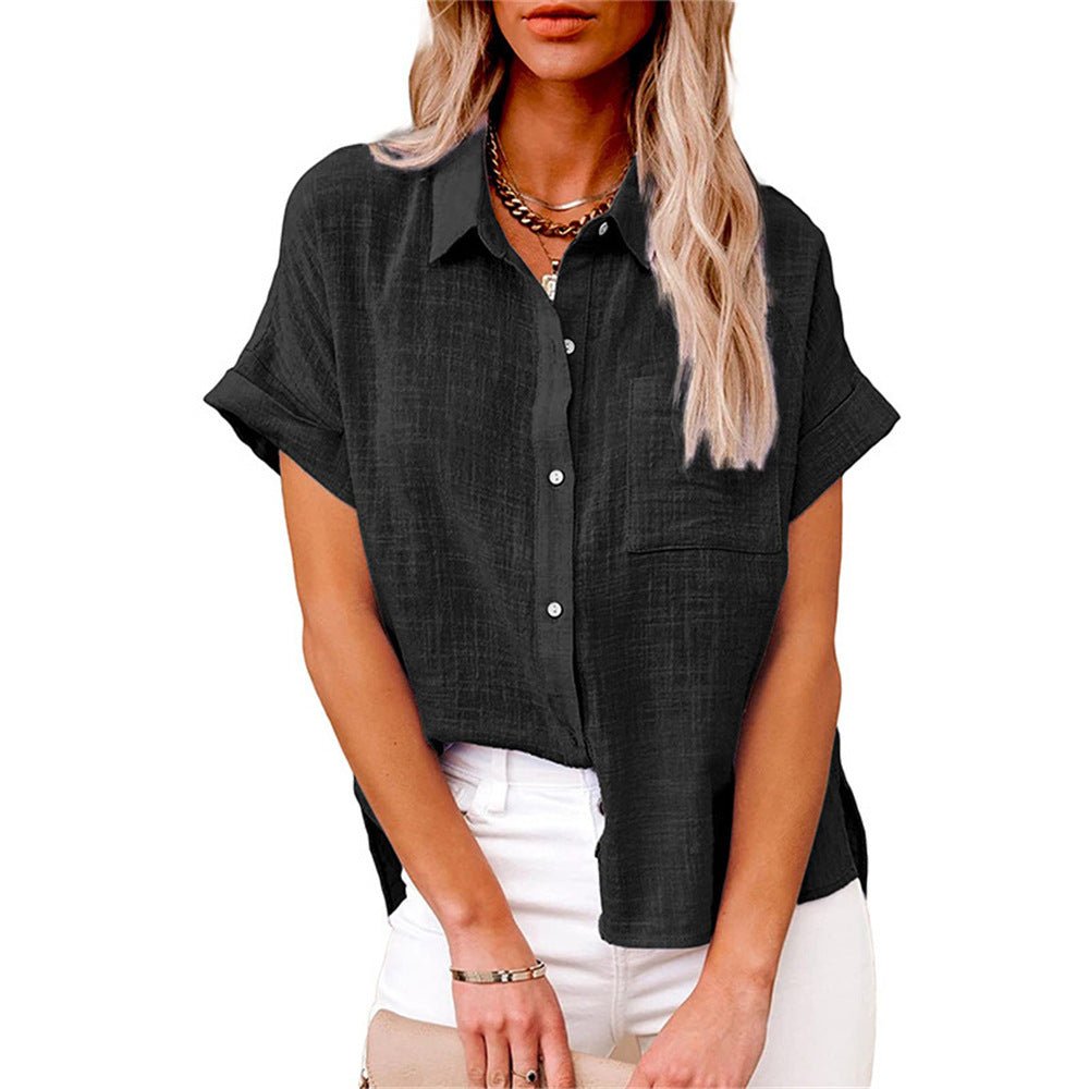 Women's Relaxed-Fit Short-Sleeve Button-Down Shirt Chest Pocket - Black