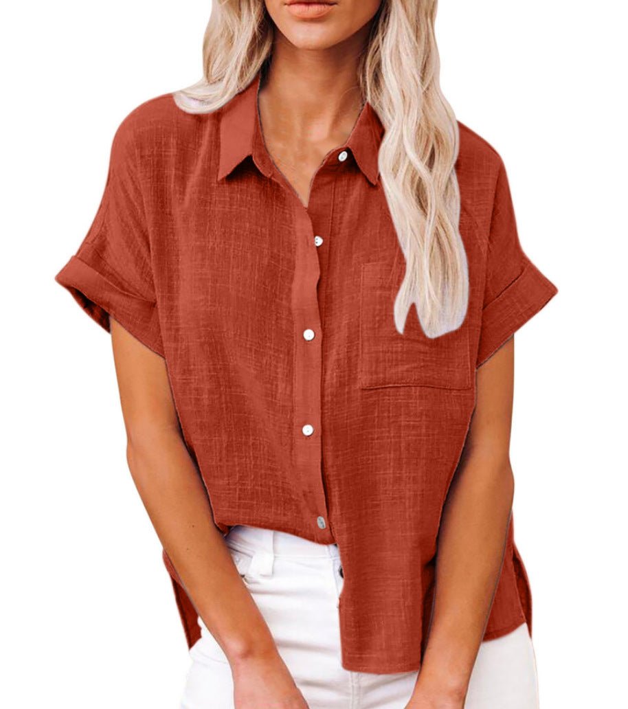 Women's Relaxed-Fit Short-Sleeve Button-Down Shirt Chest Pocket - Red