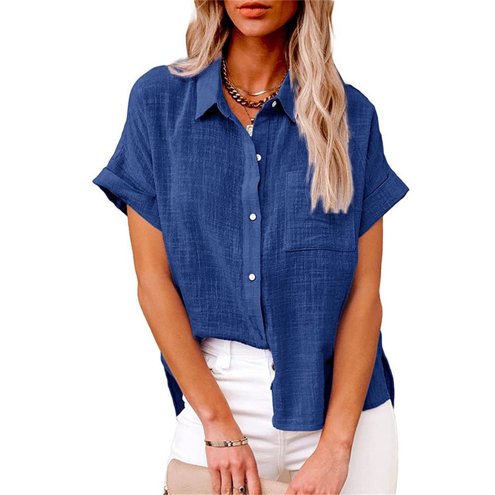 Women's Relaxed-Fit Short-Sleeve Button-Down Shirt Chest Pocket - Royal Blue