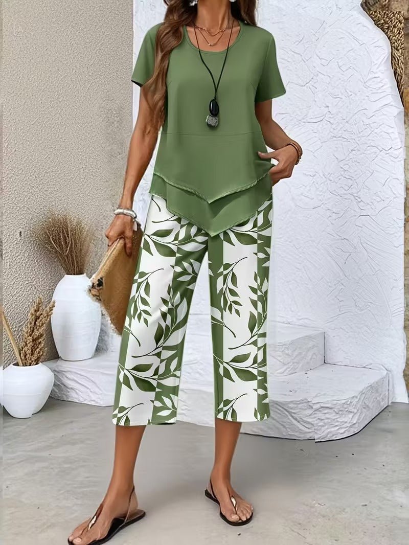 Women's Relaxed-Fit Short-Sleeve Leaf Print Two-Piece Pants Set - Green